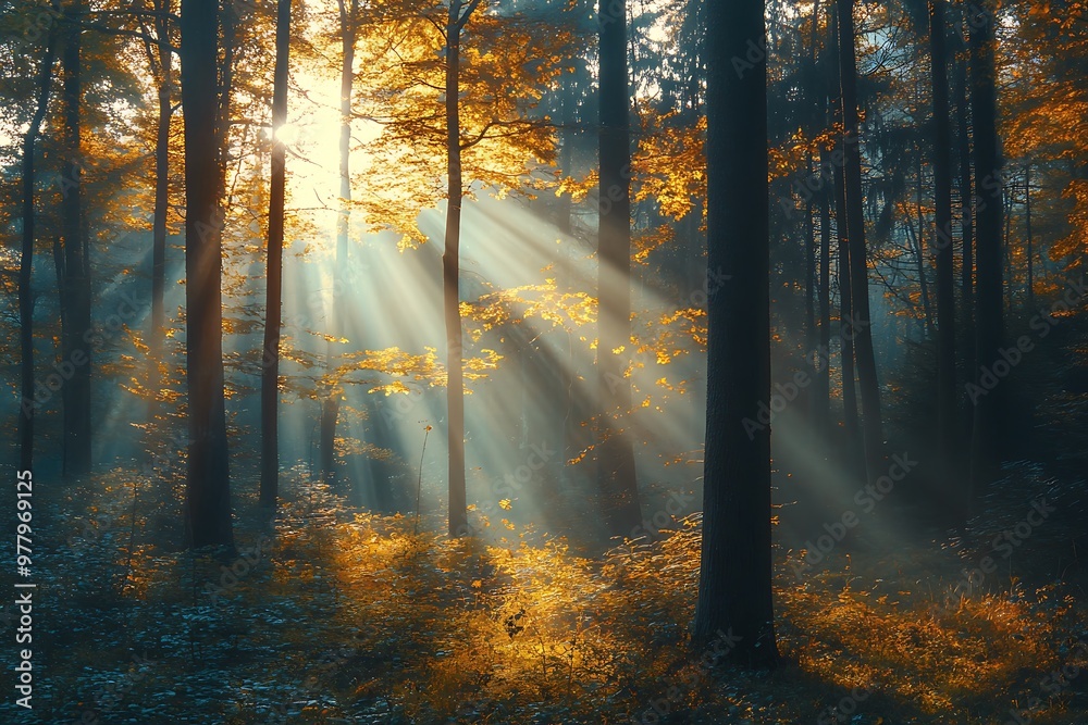 Wall mural Golden Sunlight Rays Through Trees in Misty Forest, Autumn Landscape