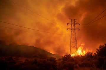 Low angle view of a transmission tower engulfed in a wild fire 