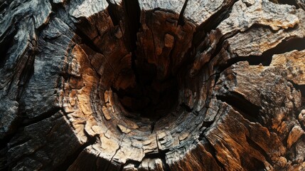 Close-up of a Hollowed-Out Tree Trunk with Rough Bark Texture