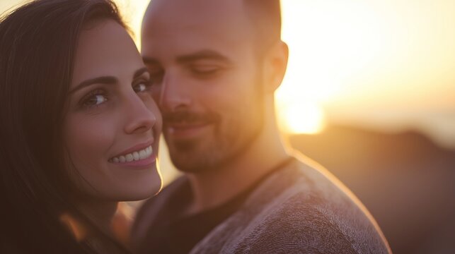Young couple enjoys a romantic sunset on the beach, sharing a tender moment illuminated by the golden evening sun, radiating joy and love in a serene nature setting - Powered by Adobe