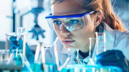 Scientist in a lab coat and safety glasses examines samples under a microscope in a modern lab.