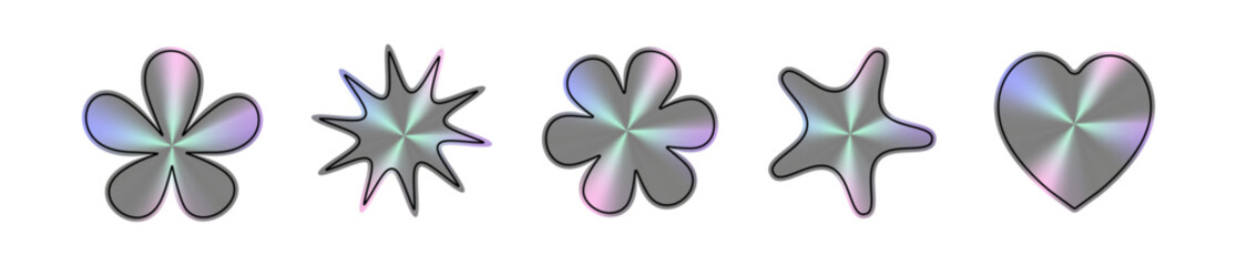 A holographic set of emblems with various abstract shapes, including flowers, stars, and a heart. Emblems display a soft metallic gradient with holographic effects, stickers, or labels.