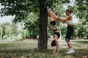 Two women practicing outdoor workout, one assisting the other doing a handstand against a tree in a picturesque park.