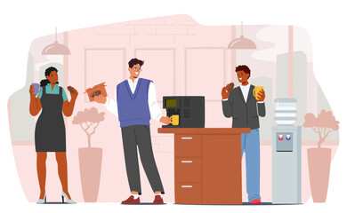 Team Members Gather Around Office Coffee Station Sharing Drinks And Snacks During Break Relaxed Atmosphere