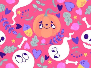 Halloween cute pumpkins seamless monsters pattern for wrapping paper and fabric