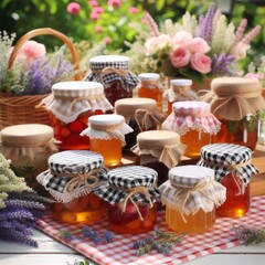 Viele hübsche Gläser mit selbstgemachter Marmelade auf einem Tisch im Garten