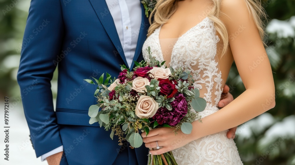 Poster A man and woman in wedding attire holding a bouquet of flowers, AI