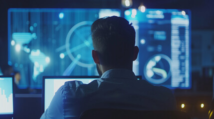 Fototapeta premium Businessman at desk analyzing revenue charts on digital screen, focused on financial growth and business success, office equipment in background.
