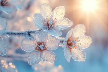 Crystal-clear ice flowers blooming on frozen tree branches, with a pale winter sky and sun beams shining through
