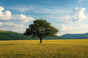 Lone tree in a field with blue sky and white clouds, nature, peace, serenity, and freedom concept