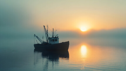 Fototapeta premium Fishing boat returning to port at sunrise with a calm ocean and glowing horizon
