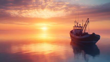 Obraz premium Fishing boat returning to port at sunrise with a calm ocean and glowing horizon