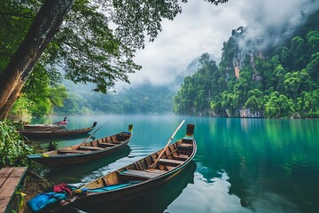 Obraz premium Tranquil lake scene with wooden boats in lush tropical jungle landscape