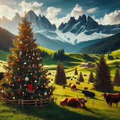 Mountains with cows and big Christmas tree