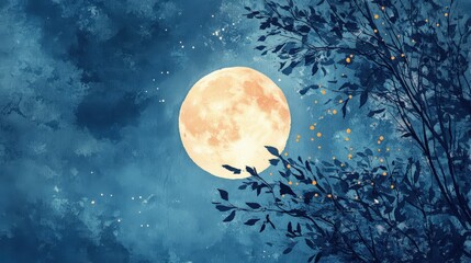 Fototapeta premium Watercolor Full Moon with Tree Branches Creating a Dreamy Landscape