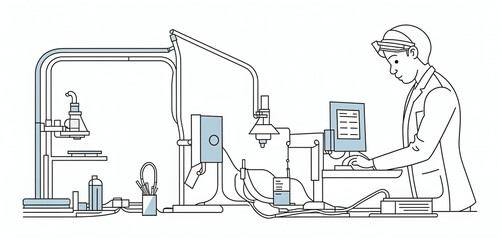 Illustrative abstract depiction in fine line drawing of a scientist performing scientific experiments in a laboratory