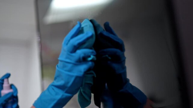 Unrecognizable person wearing blue gloves cleaning large tv screen with microfiber cloth and disinfectant spray, ensuring spotless and shiny surface. Concept of cleanliness and housekeeping.