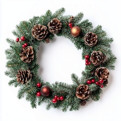 Christmas wreath of fir branches, cones, Christmas tree toys, rowan, viburnum on a white background