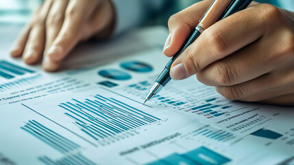 Close-up of a person analyzing financial data on paper, highlighting trends and statistics with a pen.