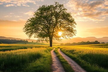 Obraz premium Sunset over green field with dirt road and lone tree silhouette