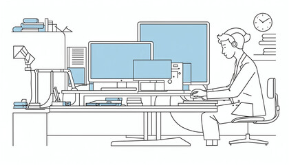 Illustrative abstract depiction in fine line drawing of a scientist performing scientific experiments in a laboratory