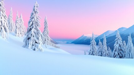 A snow covered mountain with a pink sky and trees, AI