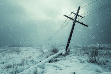 A powerline broken under the weight of snow during a severe blizzard, with dark skies and heavy snow falling over a desolate landscape