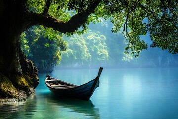 Small wooden boat on calm blue water lake with green lush foliage and large tree in the background. Serenity and peace concept.