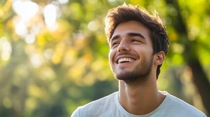 A Young Man Smiles Upwards With A Green Bokeh Background