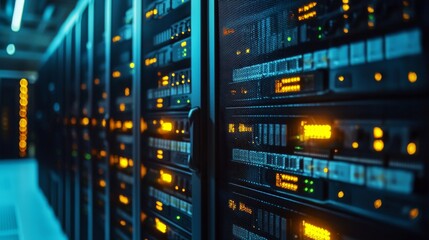 Modern server rack with glowing lights in a secure data center environment