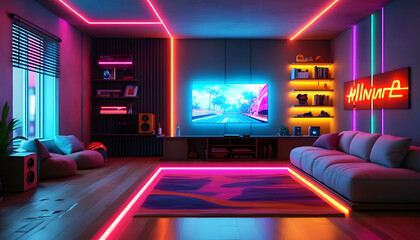 Modern Living Room with Neon Lights and TV
