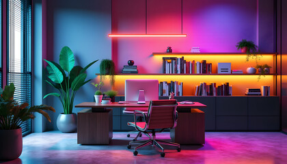 Modern Home Office with Neon Lights  Desk and Bookshelf