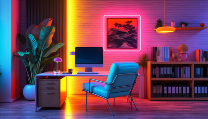 Modern Home Office Interior Design with Neon Lights and Minimalist Decor