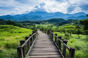 Fototapeta premium Wooden path leading to mountain landscape. Summer nature scenic with green grass fields and blue sky clouds