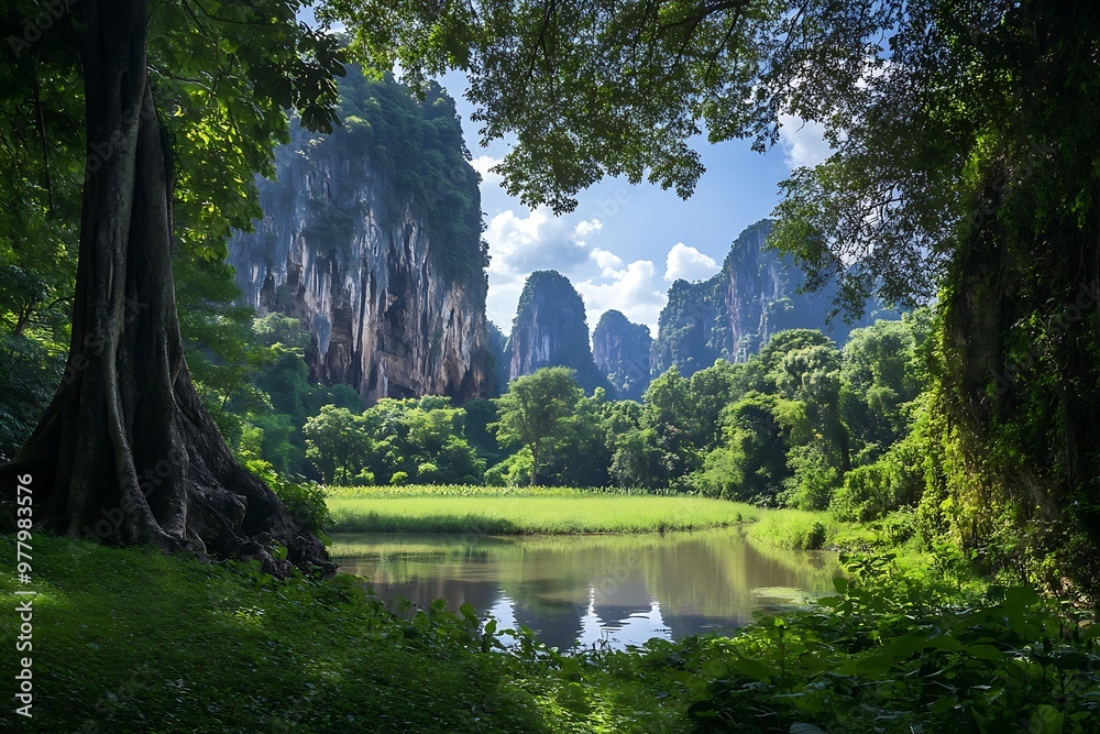 Wall mural tranquil pond and lush forest landscape with dramatic mountain range in the background