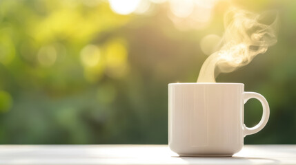 steaming coffee cup on outdoor table in morning sunlight