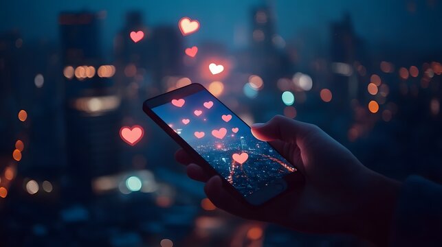 Person holding smartphone with hearts floating in a vibrant city at night