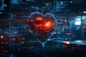 Digital Heart Pulse in a High Tech Environment Glowing Red Heart with Cardiogram in a Digital World Symbolizing Heart Health Connectivity and Future Cardiovascular Technology