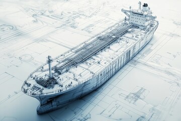Blueprint to Reality: A meticulously crafted 3D model of a cargo ship sits atop intricate blueprints, showcasing the fusion of design and maritime engineering. 