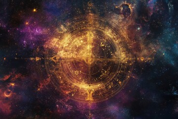 Fototapeta premium Cosmic Compass: A celestial guidepost, bathed in a vibrant nebula of stars, shines brightly, illuminating the path to destiny. The intricate golden compass, a symbol of direction and exploration, evok