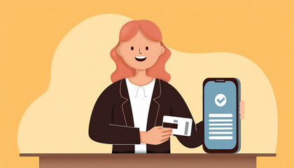 A patient processes their medical bill using a smartphone and bank card, illustration generated AI