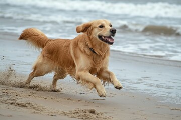 Golden Retriever Beach Run: A golden retriever joyfully sprints across the sandy beach, paws kicking up sand as the waves crash in the background. The dog's happy expression evokes a sense of carefree