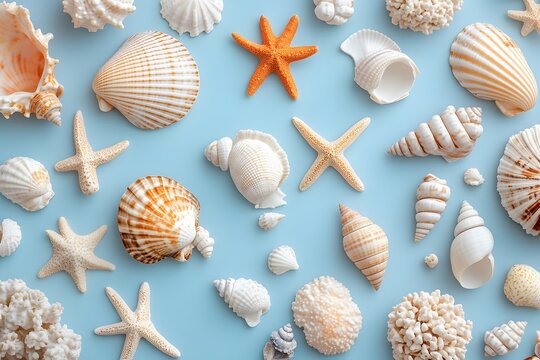 Assorted sea shells and starfish scattered on a light blue surface