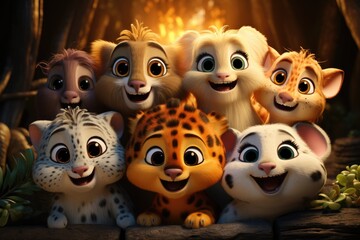 Obraz premium Cute_cartoon_safari_animals_in_a_close_group_in_boho_art, generative IA