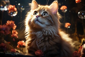 Cartoon cat sitting on the floor with hearts flying around the general, generative IA