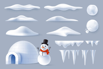 Collection of snowdrifts and icicles of different shapes in realistic style. Winter elements - snowman and icehouse igloo. Vector illustration.