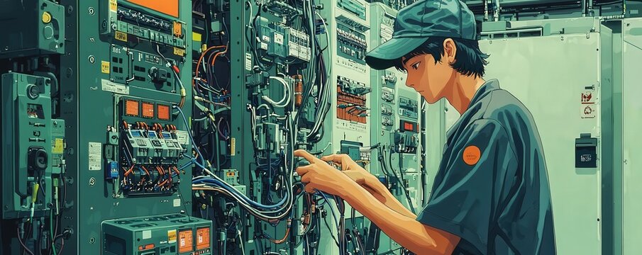 Amidst a busy industrial workspace, a technician works diligently on electrical equipment and control panels, the complex arrangement of wires highlighting a scene focused on thorough maintenance and