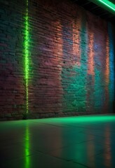 surreal and dreamlike, An industrial-style brick wall featuring intense green and purple lighting, with contrasting dark corners, creating depth and a sense of intrigue in the background., saturated, 