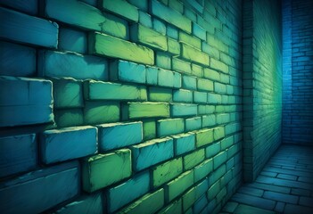 Obraz premium surreal and dreamlike, An industrial-style brick wall featuring intense green and purple lighting, with contrasting dark corners, creating depth and a sense of intrigue in the background., saturated, 