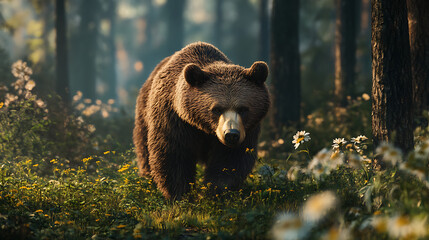 Fototapeta premium A majestic bear walking through a serene forest filled with wildflowers and soft light, capturing the beauty of nature.